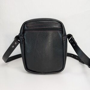 Full Grain Leather Crossbody Bag Purse‎ Black Red Contrast Stitching Messenger